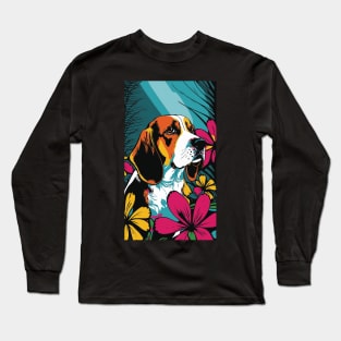 Beagle Dog Vibrant Tropical Flower Tall Retro Vintage Digital Pop Art Portrait 2 Long Sleeve T-Shirt